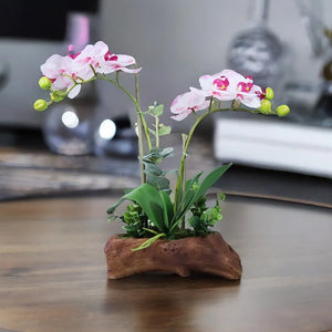 Artificial Orchids for Home Decor Indoor in Log-like Cement Planter, White Pink Faux Orchids, 16in 41cm by Accent Collection