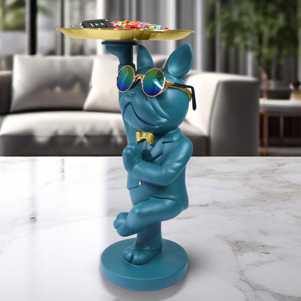 Yoga Dog Statue Metal Tray Storage, Cosmetic, Toy, Key Organizer, Candy Tray Table Ornament 12 inch 31 cm