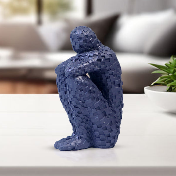 Small Abstract Sculpture, The Thinker, Polyresin Artwork, Navy Blue Home Decor Gift 5 inch 13 cm