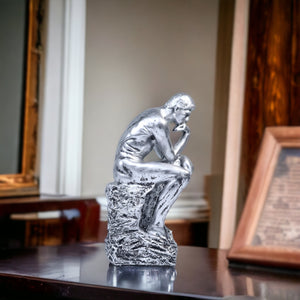 Rustic Silver Male Nude Statue, Rodin's The Thinker Silver Decor for Home or Office 10 inch 24 cm | Home Decor