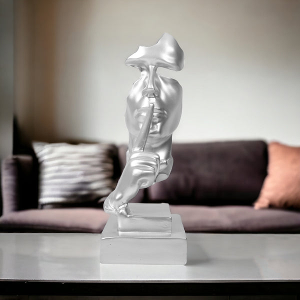 Silver Silence is Golden Thinker Statue, Abstract Silence Face, Polyresin Artwork for Living Room 12 inch 31 cm | Home Decor