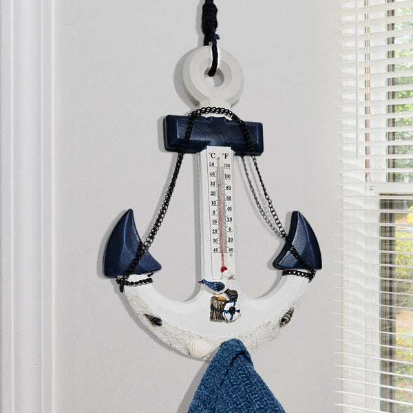 Nautical Anchor Wall Mount Coat Rack With Built-In Thermometer - Rustic Ocean Decor For Home