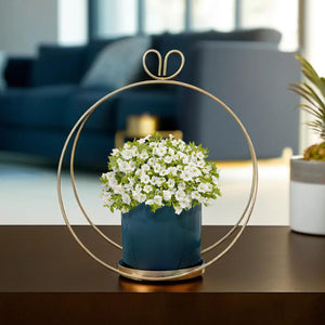 Small Ceramic Flower Pot with Golden Metal Frame and Base, Living Room, Home Decor, Green 9 inch, 23 cm | Home Decor
