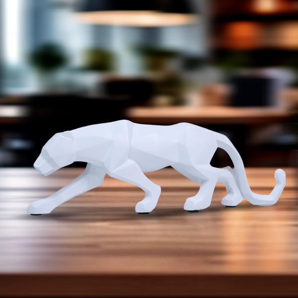 Small White Panther Sculpture Home Decor, Tabletop Centerpiece for Living Room 10 inch 25 cm Wide
