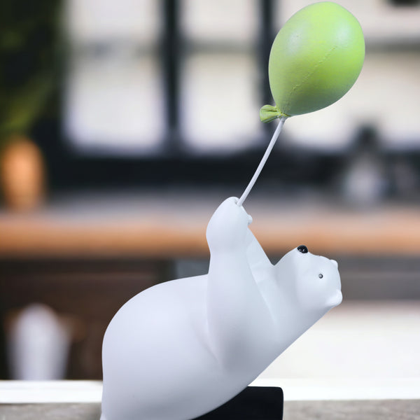 Funny Animal Statue Polar Bear Sculpture with Green Balloon Gift for Animal Lovers Polyresin Home Decor 11 inch 27 cm | Home Decor
