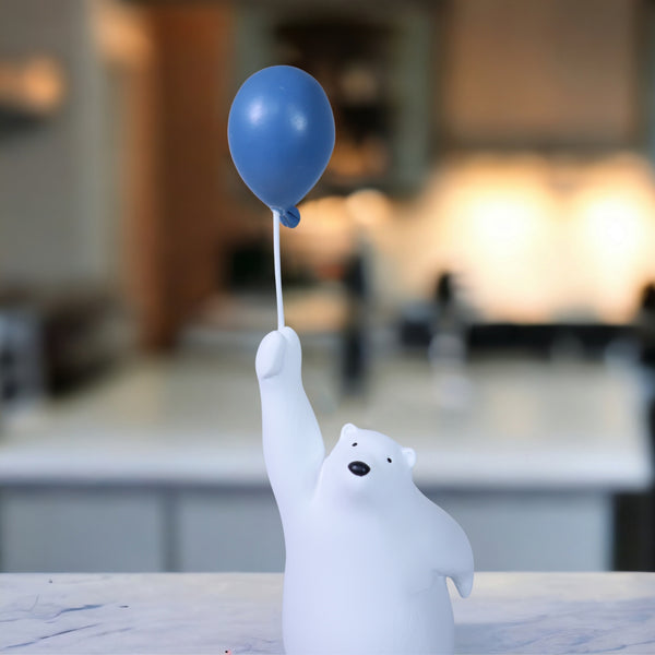 Polar Bear Sculpture Funny Animal Statue with Blue Balloon Gift for Animal Lovers Coffee Table Centerpiece 12 inch 29 cm