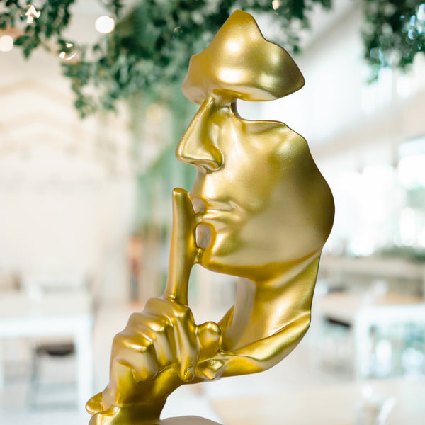 Abstract Silence is Golden, Silence Face Thinker Statue, Gold Polyresin Art Home or Office Decor 12 inch 31 cm