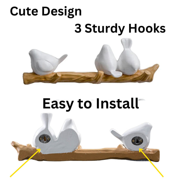 White birds, 3 hook cute wall hanger, unique home decor and gift