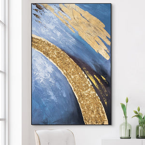 Golden Horizon: Large Blue & Gold Abstract Impasto Canvas, Framed Wood Textured Wall Art For Modern Home Decor by Accent Collection