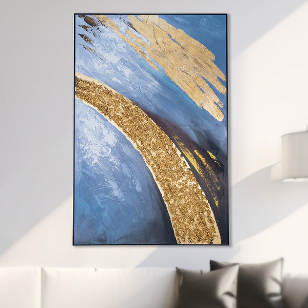 Golden Horizon: Large Blue & Gold Abstract Impasto Canvas, Framed Wood Textured Wall Art For Modern Home Decor by Accent Collection