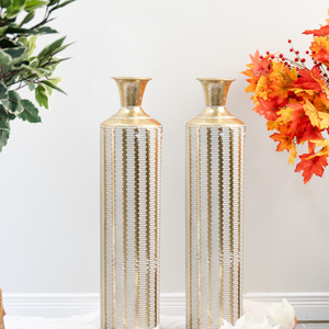 2 Pc Set of Large Metal Floor Vases, Golden and White, Living Room and Office Decor by Accent Collection