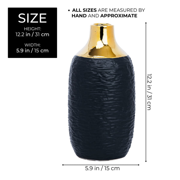 Black Ceramic Minimalist Vase With Golden Rim - Modern Bohemian Decor For Home, Perfect For Fresh And Faux Flowers