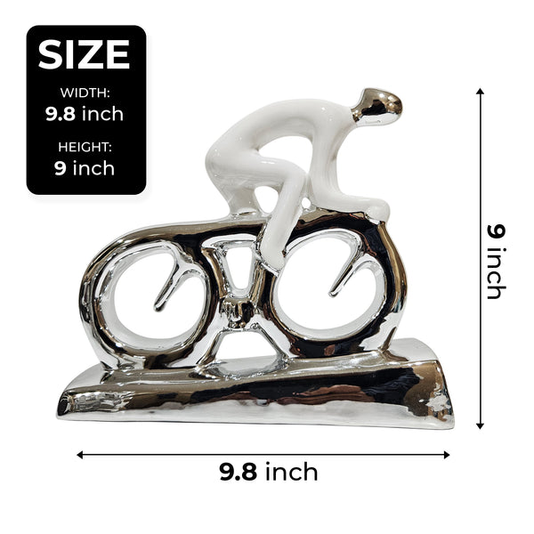 Abstract Cyclist Sculpture, White Silver Ceramic, Living Room Console Table Decor Piece by Accent Collection