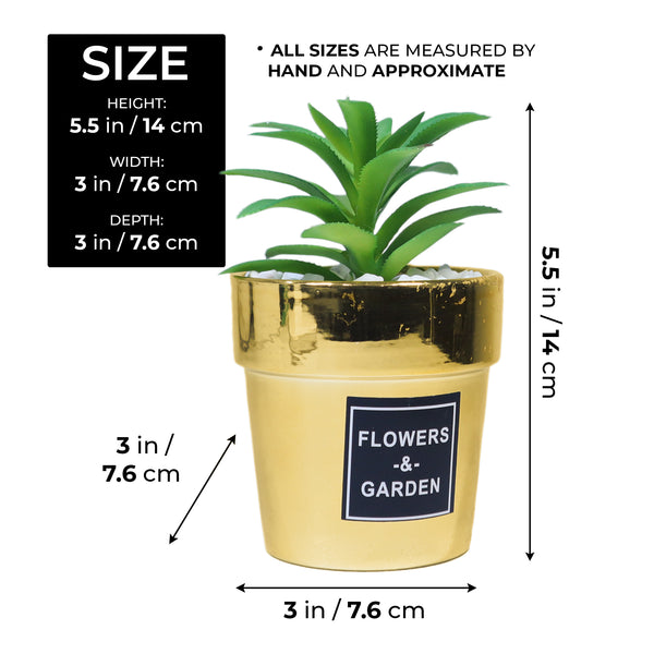 Golden Ceramic Plant Pot with Realistic Fake Plant Cactus, Home Decor, Gift for Mom 6 inch, 14 cm