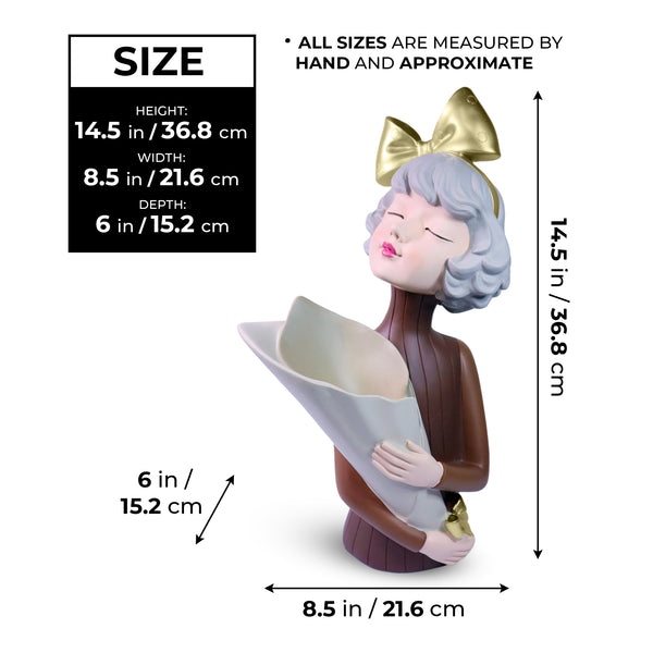 Chic Female Bust Sculpture Storage Vase in One, Makeup Organizer, Bouquet Holder, Tabletop Centerpiece, Home Decor Gift for Her Brown Polyresin 15 inch 37 cm