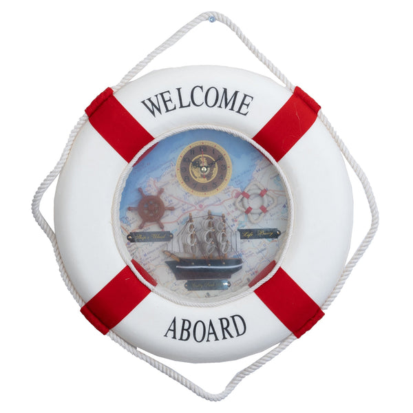 Lifebuoy Ring Wall Clock, 35 CM, Nautical Decor, Realistic Details, With Welcome Aboard Sign, Wall Decor, Hanging Decor, Unique Gift, Decorative Clock for Home, Office, Dorm, Beach House, Cottage