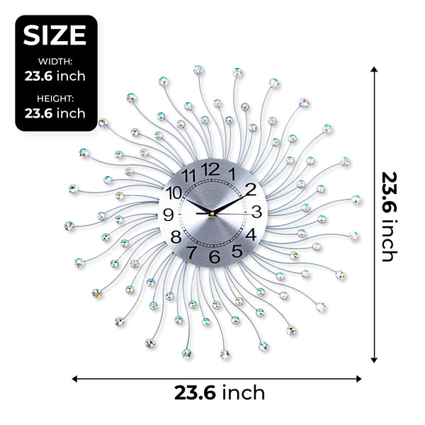 Large Wall Clock Embedded with Crystals, Silver Sunburst Starburst Metal Clock, 60 cm or 24 inch Non-Ticking Clock, Silent Mechanism, Large Analog Wall Clock, Wall Decor, Wall Accent for Home, Office