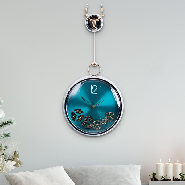 Luxury Wall Clock, Golden with Teal Dial, Metal Clock with Moving Gears by Accent Collection Home Decor