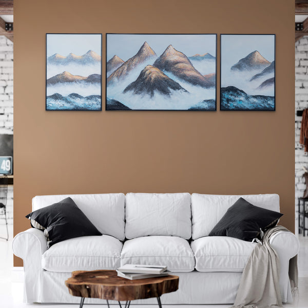 Impasto Mountain Majesty 3Pc Wood Canvas Art, Thick Textured Scenery In Brown, White, Blue, Black by Accent Collection