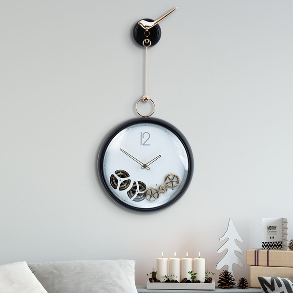 Luxury metal wall clock with moving pendulum gears, modern black hanging large wall clock, white dial