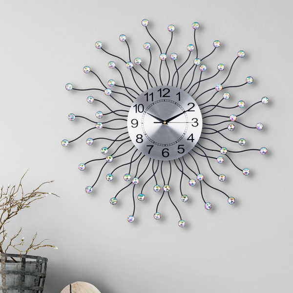 Large Metal Wall Clock with Crystals, Metal Sunburst or Starburst Round Clock, 60 cm or 24 inch, Quiet Clock, Non-Ticking Clock, Battery-Operated Clock, Decorative Wall Clock, Analog Clock for Office, Home, Bedroom, Living Room