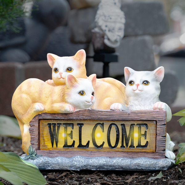 Welcome Cats Solar Statue, Outdoor Decor, Figurine Light, Patio Decor, Gift for Cat Lovers by Accent Collection Home Decor