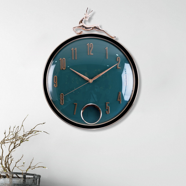 Green pendulum clock, round 35 cm, silent movement wall clock with detachable deer