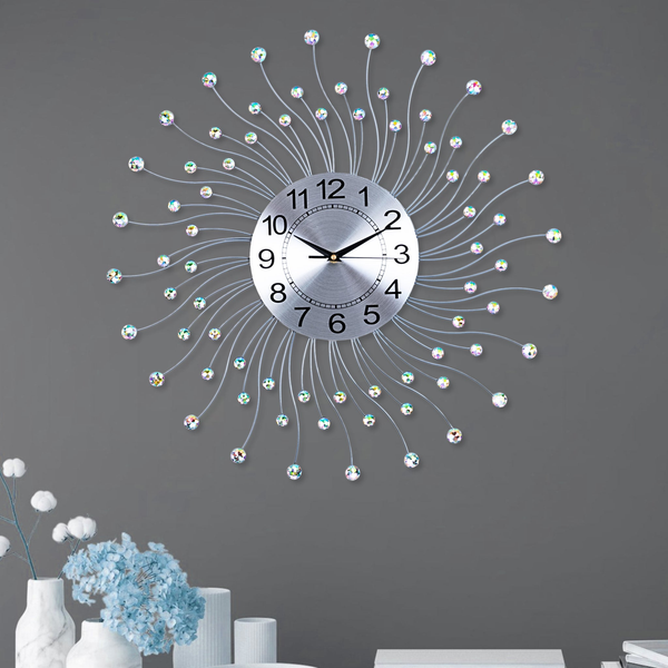 Large wall clock crystals silver sunburst starburst metal clock 60 cm 24 inch silent clock large decorative wall clock analog