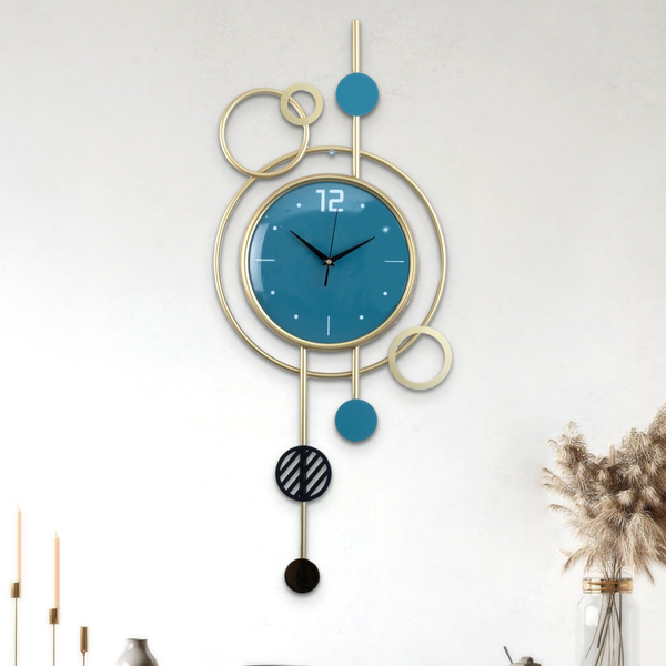 Large green metal wall clock, 80 cm, living room wall clock, golden frame