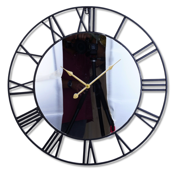 Large black wall clock with mirror, silent clock, roman clock, heavy metal clock for living room or office