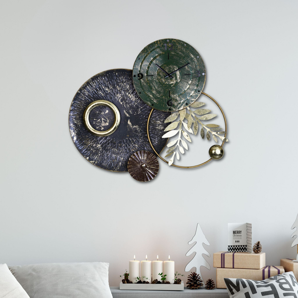 Whimsical Extra Large Silent Non-Ticking Metal Wall Clock in Green, Grey, Gold, and Brown - A Luxury, Rustic Accent for Any Room