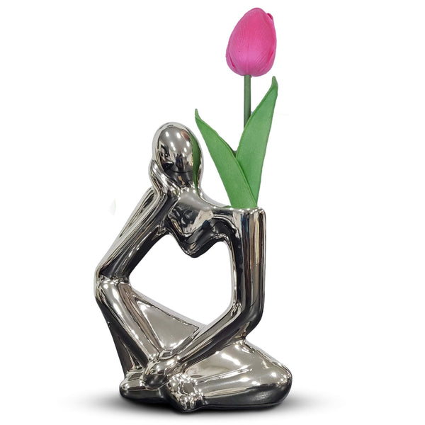 Abstract Thinking Statue with Faux Tulip, Silver Finish - Sophisticated Indoor Decor, Table Top Decor, Modern Decor, Rustic Decor