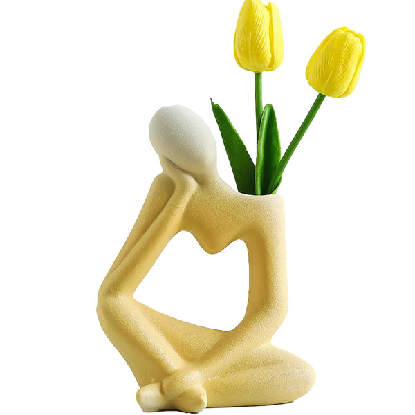 Abstract Indoor Decor - Thinking Statue with Faux Tulip, Shade of Yellow Desk, Tabletop, Coffee Table Decor