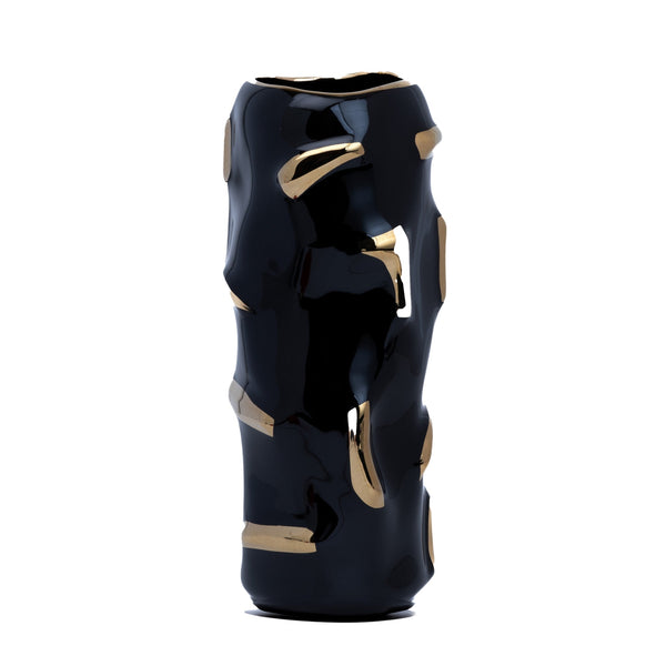 Abstract Black Ceramic Vase, Dry Flower Bud Vase, Fresh Flower Vase, Golden Highlights, Decor for Tabletop, Countertop, Contemporary Minimalist Ornament for Home or Office