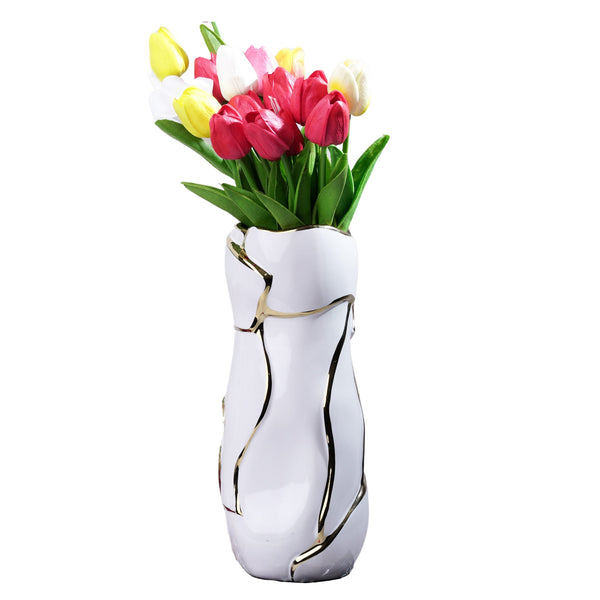 Abstract White Ceramic Vase, Fresh Flower Vase, Bud Vase, Golden Lines, Decorative Vase for Tabletop, Countertop, Living Room, Bedroom, Office