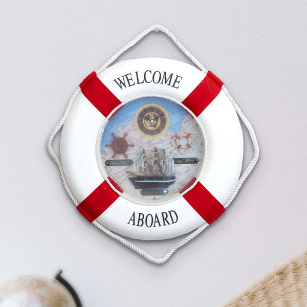 Lifebuoy Ring Wall Clock, 35 CM, Nautical Decor, Realistic Details, With Welcome Aboard Sign, Wall Decor, Hanging Decor, Unique Gift, Decorative Clock for Home, Office, Dorm, Beach House, Cottage
