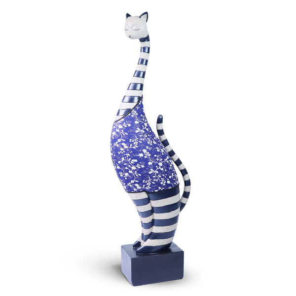 Whimsical Cat Statue Office, Home Decoration, Coffee Table Centerpiece, Made of Polyresin, Blue and White Decor 16 inch 41 cm