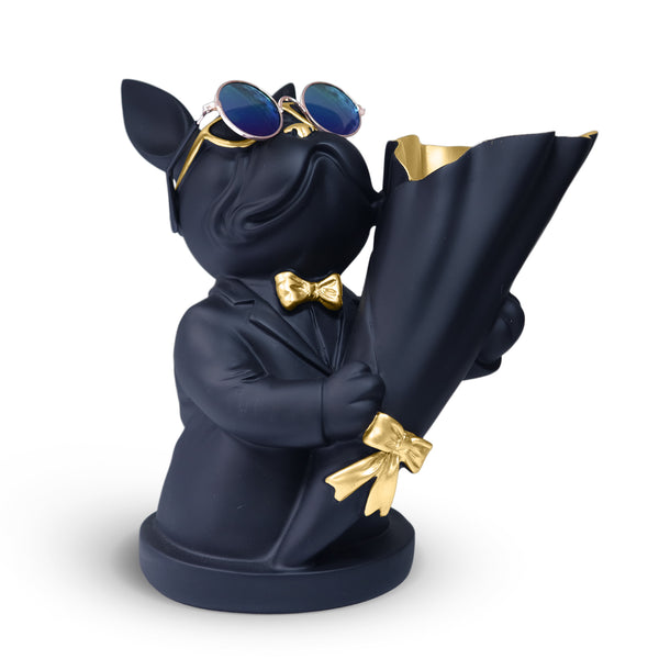Dog Statue with Bouquet Holder Black Home Decor Accent, Polyresin Artwork Tabletop Centerpiece 9 inch 22 cm