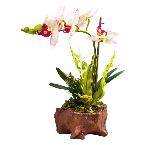 Realistic Faux Orchid In Brown Wood-Like Polyresin Planter For Elegant Home Decor