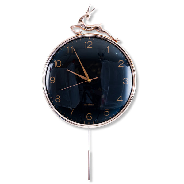 Large Pendulum Clock with Black Dial, Round Pendulum Clock, Round Wall Clock, Large Decorative Clock, 60 cm High, Minimalist Wall Clock with Magnetic Detachable Deer, Wall Hanging, Indoor Decor, Interior Decor for Home or Office by Accent Collection