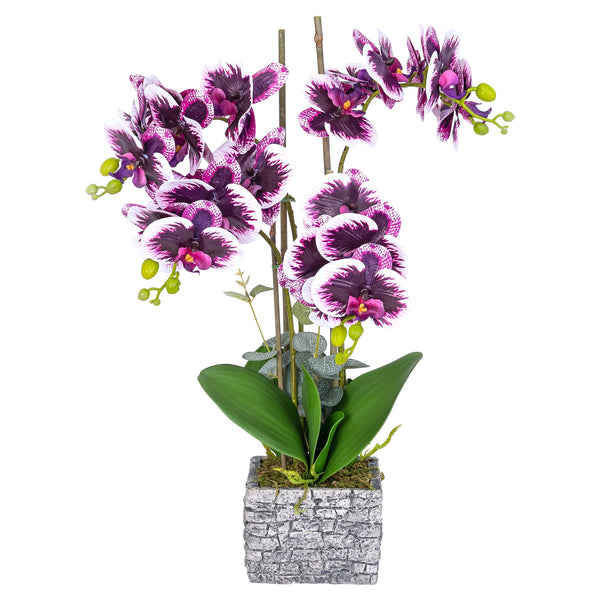 Purple Faux Orchid In Gray Brick-Like Resin Planter - Realistic Artificial Plant For Desk & Home Decor by Accent Collection