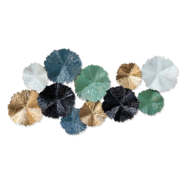 Wrinkled Flowers Bliss - 123 cm Metal Wall Art In Teal, Gold & Black, Perfect For Master Bedroom Oasis