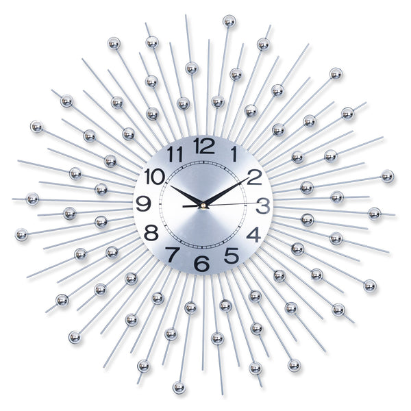 Silver Sunburst Metal Wall Clock, Large Decorative Analog Wall Clock, Starburst Design, 60 cm or 24 inch, Silent Non-Ticking Wall Clock, Easy to Read Dial, Wall Accent for Home or Office