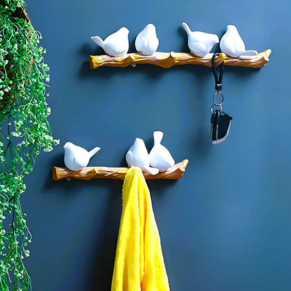 Wall hanger, white birds, 4 hooks, decorative, housewarming gift