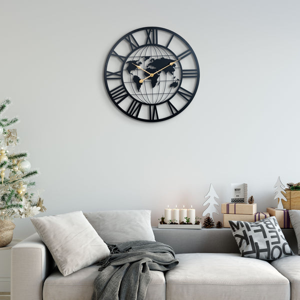 Modern world map metal wall clock, 60 cm, Black, Extra Large Clock by Accent Collection Home Decor