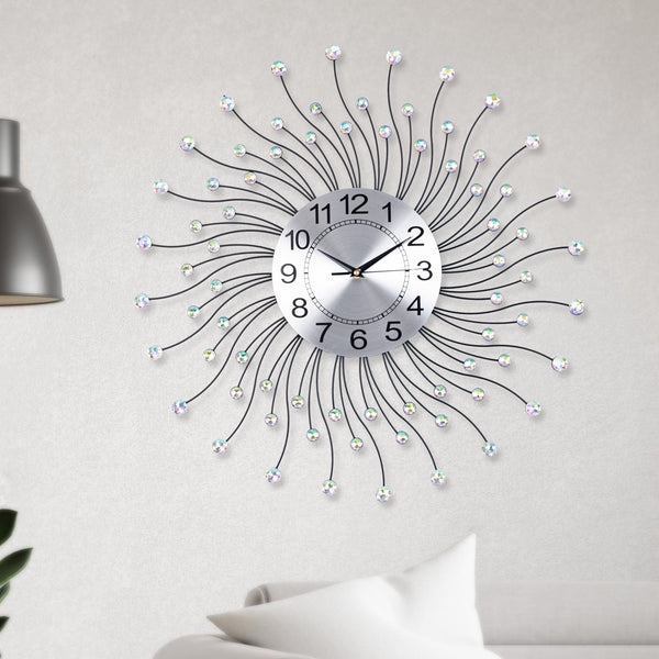 Large Sunray Design Wall Clock with Crystals - 60cm Diameter, Silent Movement, Silver by Accent Collection Home Decor