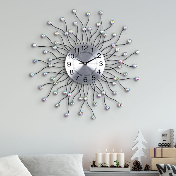 Exquisite 60cm Metal Wall Clock with Unique Sunrays Design and Crystals by Accent Collection Home Decor