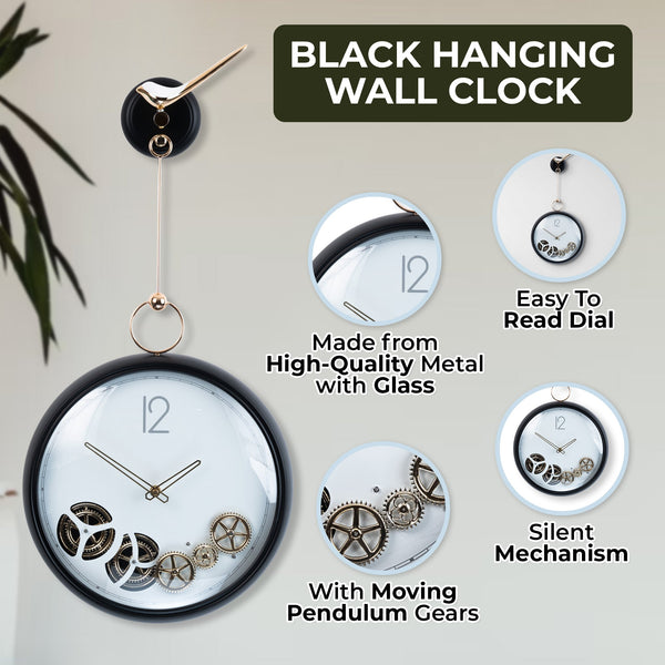 Elegant Black Metal & Glass Luxury Modern Pendulum Wall Clock, Silent Non-Ticking Decorative Timepiece by Accent Collection