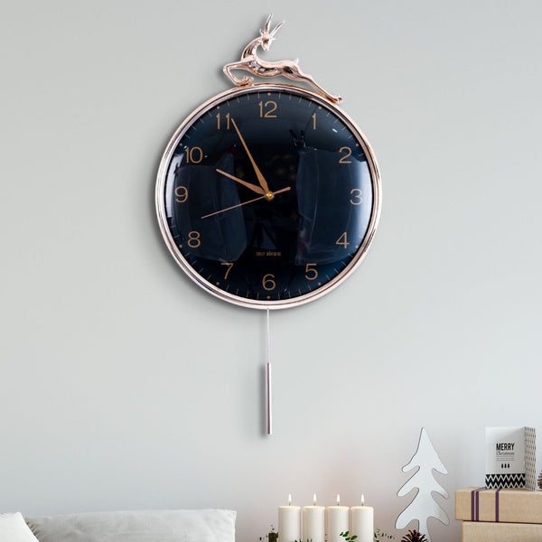 Large Pendulum Clock with Black Dial, Round Pendulum Clock, Round Wall Clock, Large Decorative Clock, 60 cm High, Minimalist Wall Clock with Magnetic Detachable Deer, Wall Hanging, Indoor Decor, Interior Decor for Home or Office by Accent Collection