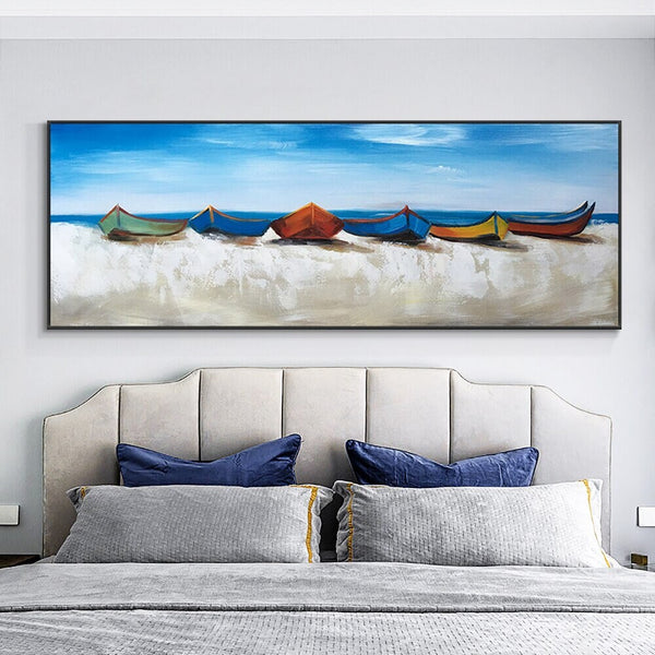 Sail Beyond Colorful Boats Painting, Blue Sky and Seaside Modern Wall Art, Original Handmade Oil Painting | Home Decor